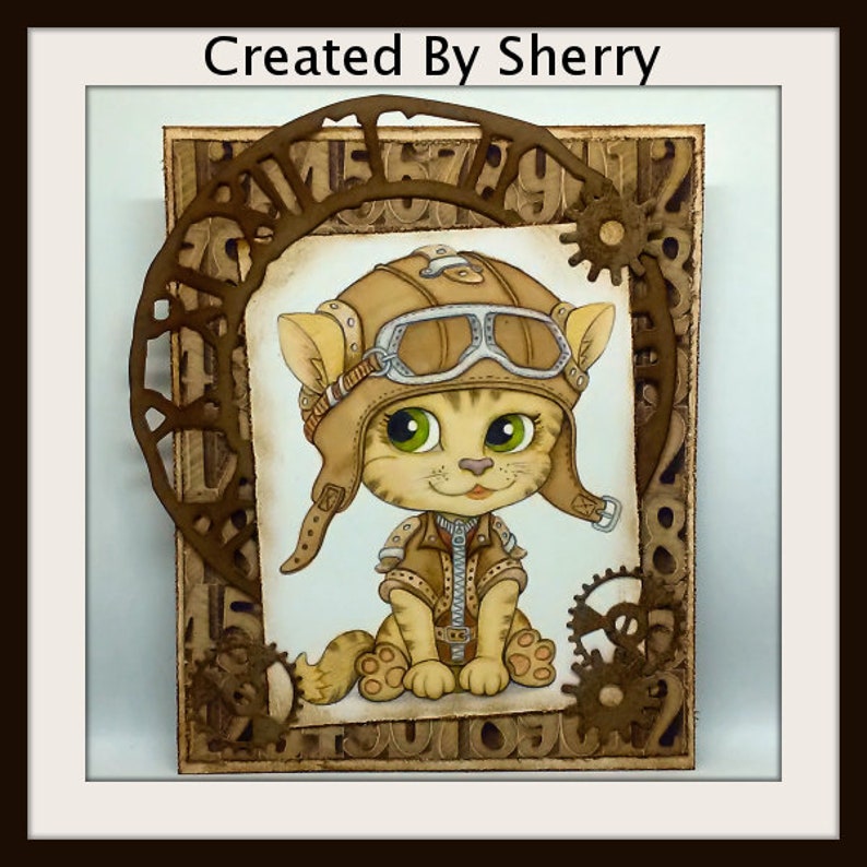 Steampunk Coloring Page, Digital stamp, Digi, Pet, Gears, Glasses, Mechanic, Metal, Iron, Helmet, Crafting, Fantasy, Whimsy. Aviator Cat image 6