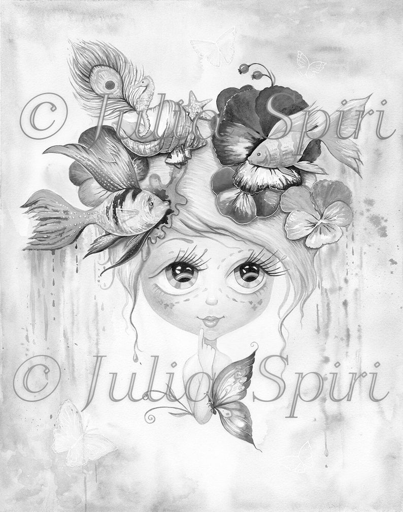 May include: Black and white illustration of a girl with large eyes, surrounded by flowers, butterflies, and fish. The girl is wearing a crown of flowers and has a seashell on her head. The text "Julio Spiri" is written in the bottom right corner of the image.