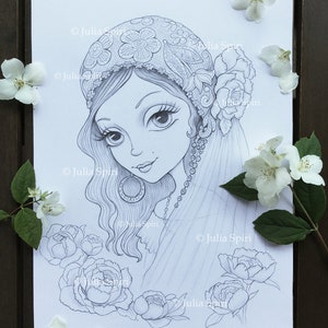 May include: A black and white pencil drawing of a woman with long hair wearing a headscarf and a necklace. She is surrounded by flowers.
