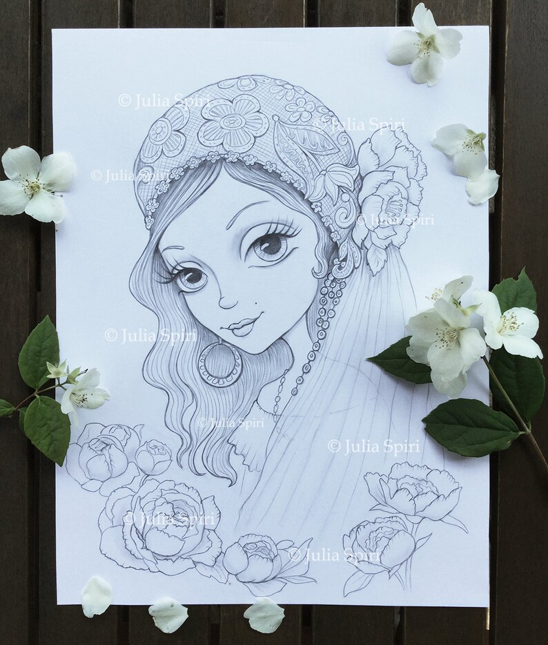 May include: A black and white pencil drawing of a woman with long hair wearing a headscarf and a necklace. She is surrounded by flowers.