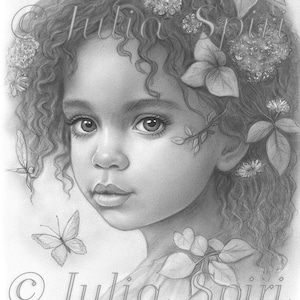 Coloring Page, Cute Girl, Fantasy Portrait, Little Girl, Drawing, Grayscale. Bonny
