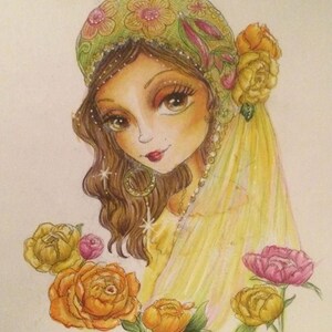 May include: A colourful illustration of a woman with long brown hair wearing a green and yellow patterned headscarf and a sheer yellow veil. She is surrounded by yellow and pink flowers.