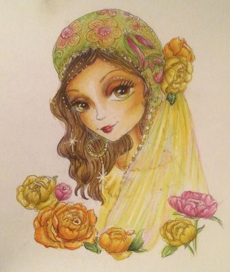 May include: A colourful illustration of a woman with long brown hair wearing a green and yellow patterned headscarf and a sheer yellow veil. She is surrounded by yellow and pink flowers.