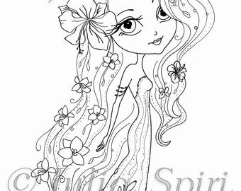 Timbres numériques, timbre numérique, pages à colorier, timbre fille, fille de fleur, timbre enfant, fleurs. La collection Garden Dwellers. La fille aux fleurs