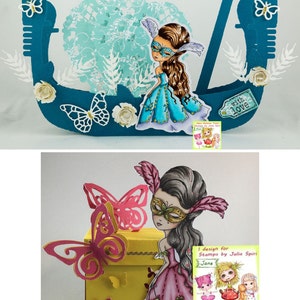 May include: Two papercraft cards featuring a masked woman in a blue and pink dress with butterfly accents. The first card is a blue gondola with a white lace background. The second card is a yellow box with a pink butterfly on top. Both cards have the text "with love" and "I design for Stamps by Julia Spirit Jane".