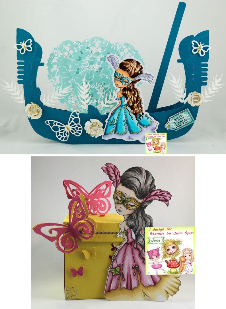 May include: Two papercraft cards featuring a masked woman in a blue and pink dress with butterfly accents. The first card is a blue gondola with a white lace background. The second card is a yellow box with a pink butterfly on top. Both cards have the text "with love" and "I design for Stamps by Julia Spirit Jane".