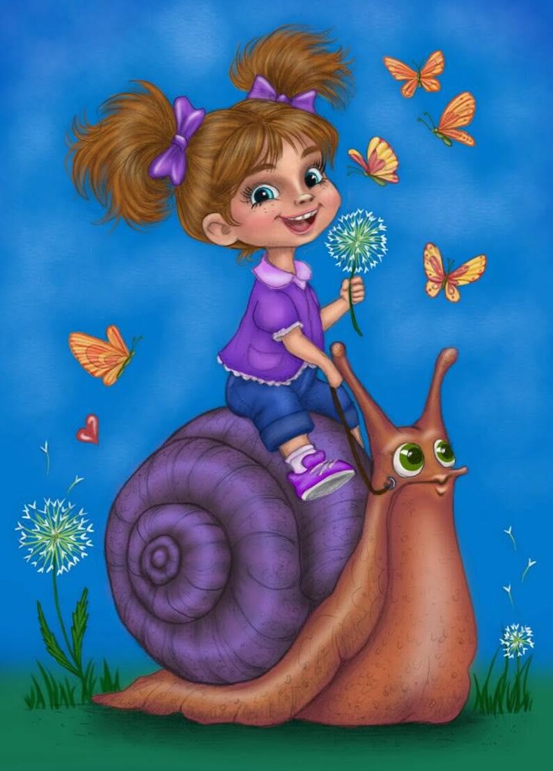 Girl Riding Snail Coloring Page, Hand Drawn Art (digital Download). A ...