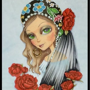 May include: A watercolour painting of a woman with large green eyes, wearing a black and white patterned headscarf with a veil. She is surrounded by red roses.