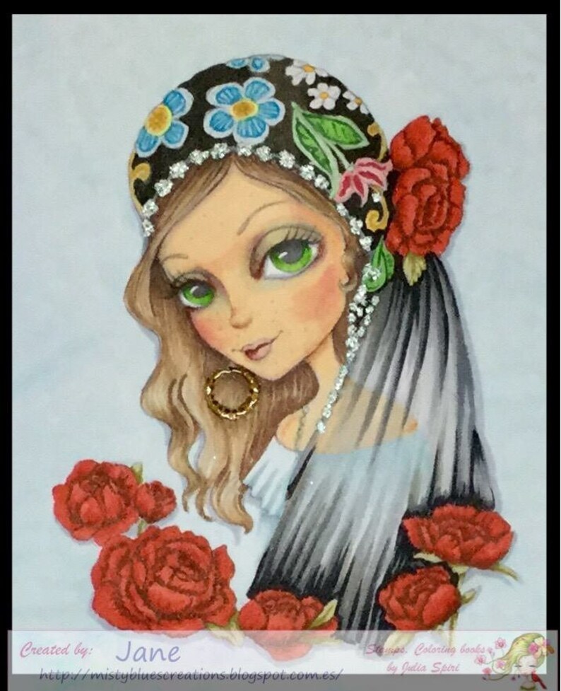 May include: A watercolour painting of a woman with large green eyes, wearing a black and white patterned headscarf with a veil. She is surrounded by red roses.