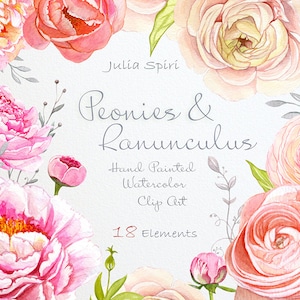 Watercolor Flowers Clipart, Peonies, Ranunculus, Wedding Invitation, Hand Painted, Greeting card, Peony Diy Romantic. Peonies and Ranunculus