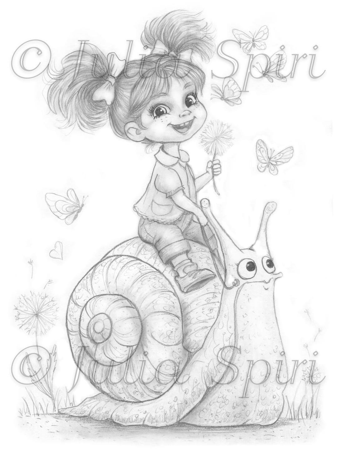Girl Riding Snail Coloring Page, Hand Drawn Art (digital Download). A ...