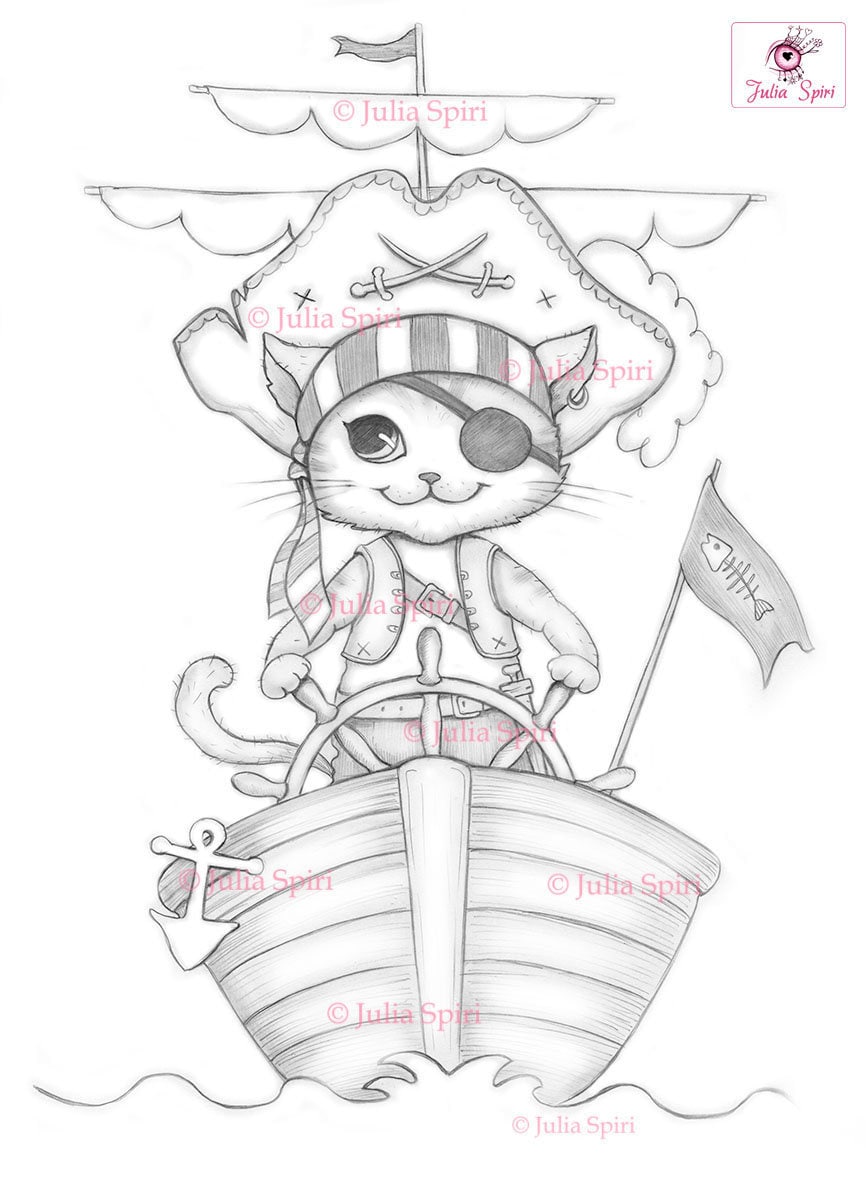 Pirate Coloring Page Digital Stamp Digi Girl Cats | Etsy
