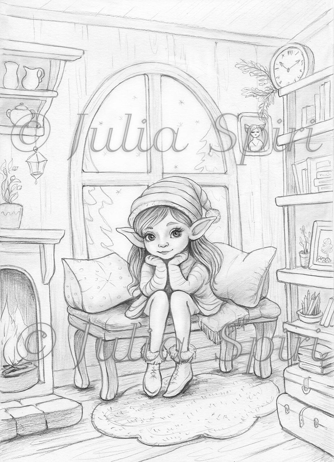 Grayscale Coloring Page, Whimsy Winter Elf in Cozy Home. Winter Mood - Etsy