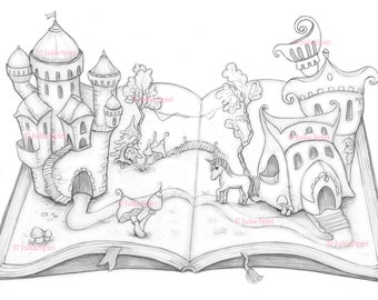 Coloring Page, Digital stamp, Digi, Castle, Unicorn, Fantasy Hose, Building, Whimsy, Crafting, Scrapbooking Black & White. Magical book