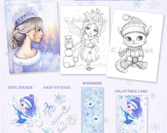 Stationery Collection "Winter Fairytale". Vinyl Stickers, color and black & white Postcards, ATC Collectible Card, Bookmark. Physical items