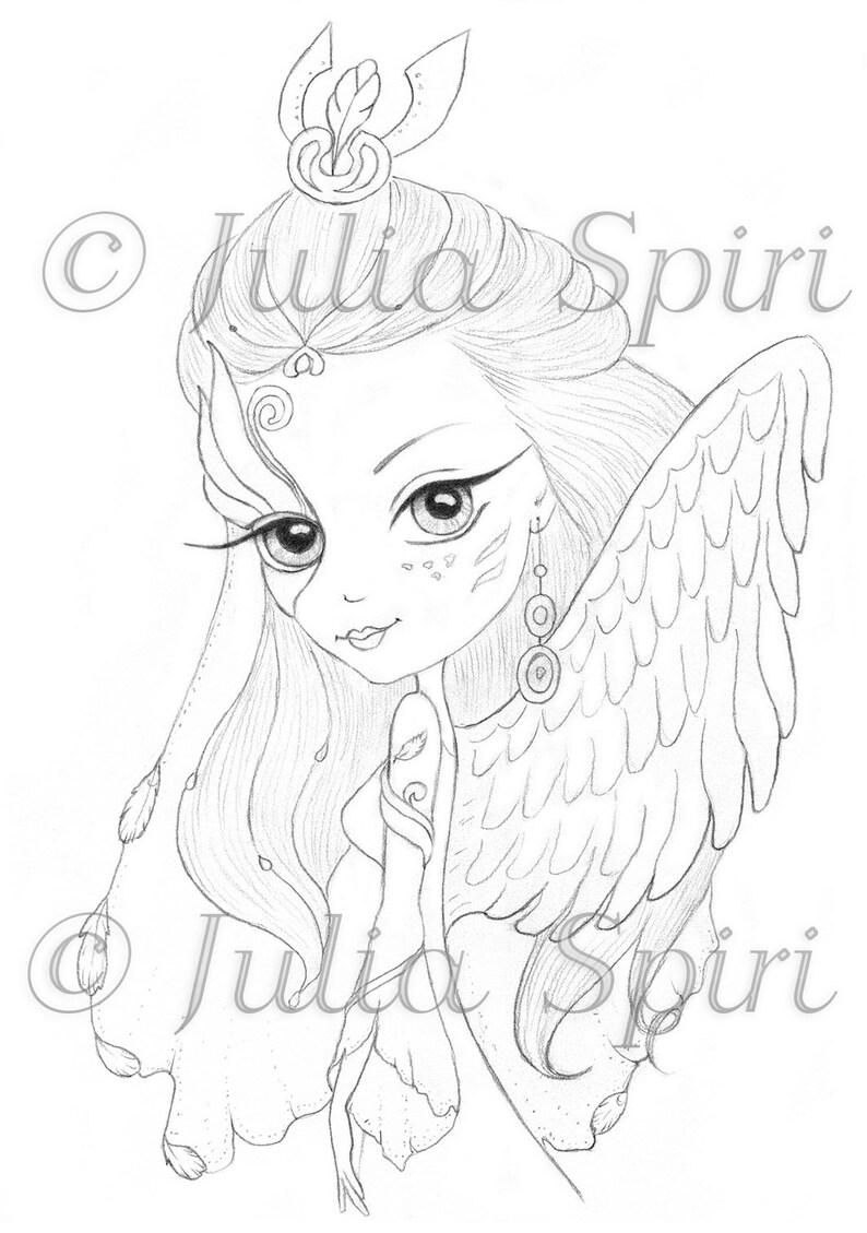May include: A black and white pencil drawing of a winged fairy with long hair, a crown, and intricate details. The fairy has large eyes and a delicate face. The drawing is signed "Julia Spiri" at the top and bottom.