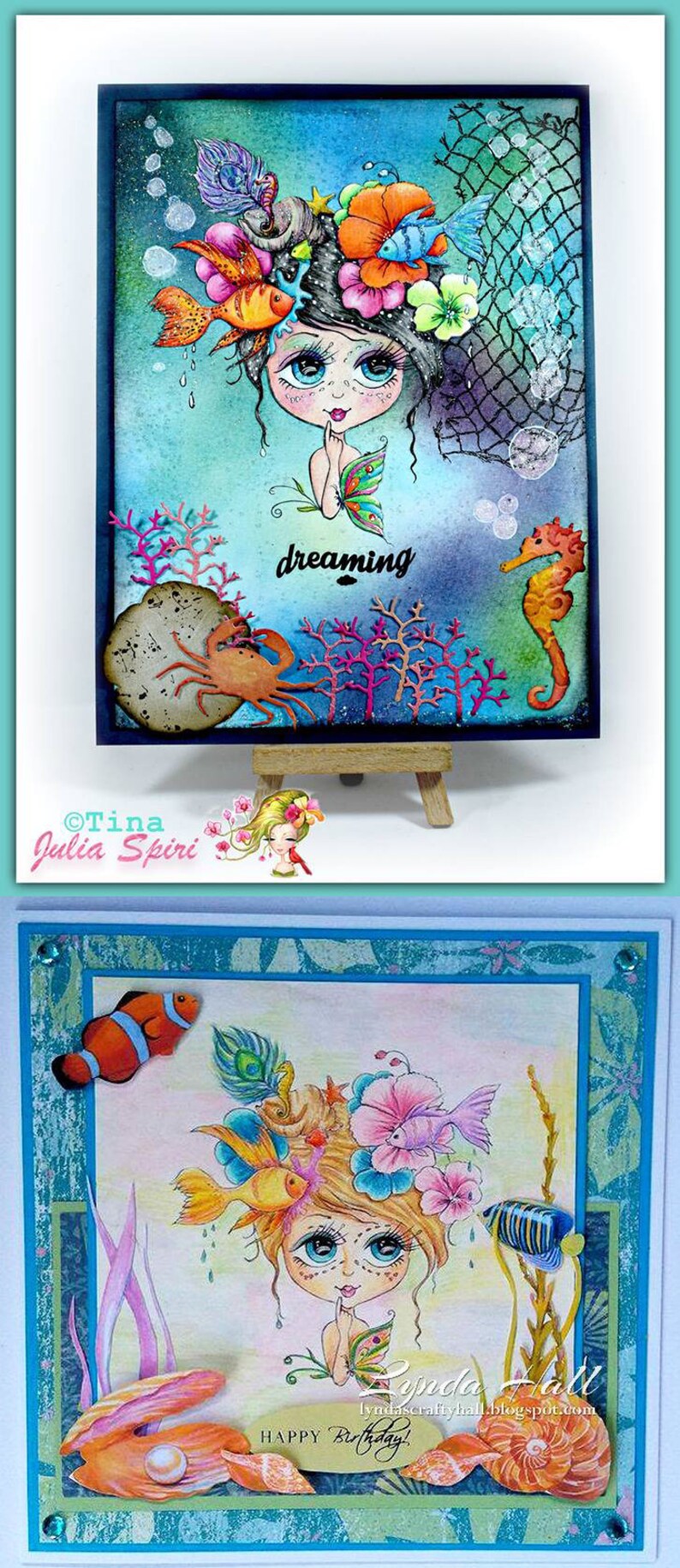 May include: Two handmade greeting cards featuring a whimsical illustration of a girl with a crown of flowers and fish. The first card has a blue background with the text "dreaming" and the second card has a pink background with the text "Happy Birthday!"