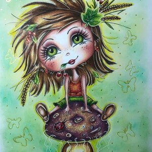 May include: A whimsical illustration of a girl with brown hair and green eyes sitting on a mushroom. She is wearing a red and green outfit and has a cherry in her mouth. The background is a green and yellow gradient with butterflies.