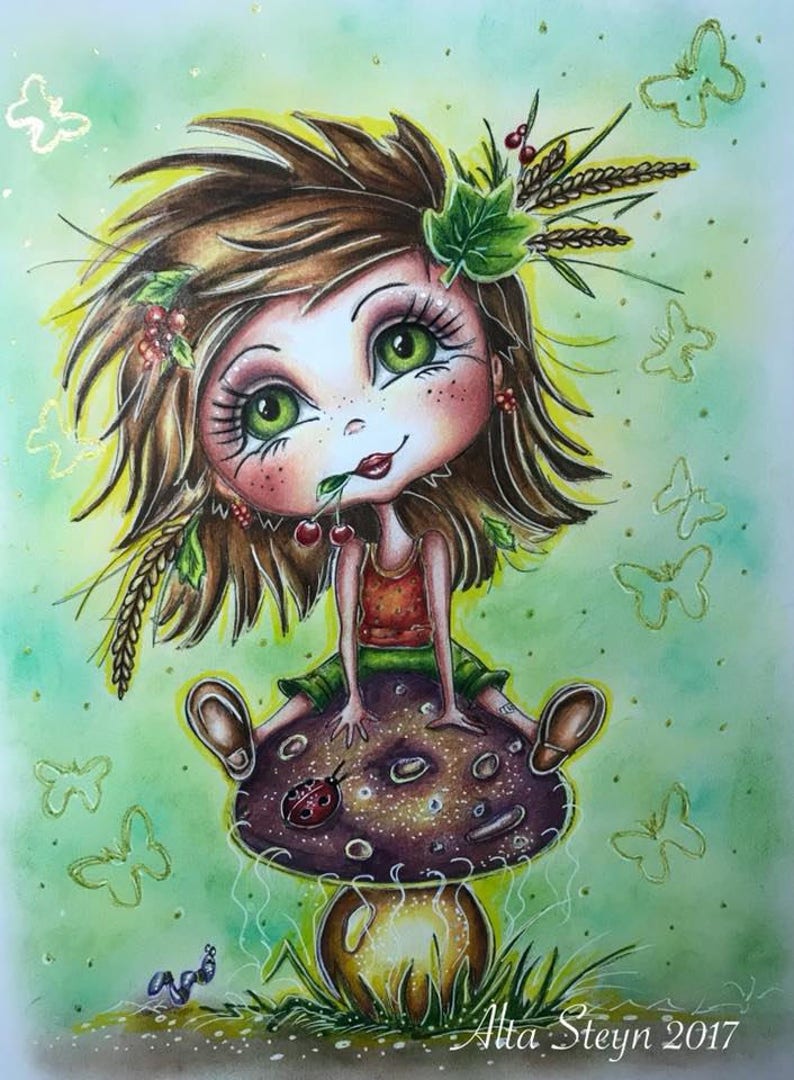 May include: A whimsical illustration of a girl with brown hair and green eyes sitting on a mushroom. She is wearing a red and green outfit and has a cherry in her mouth. The background is a green and yellow gradient with butterflies.