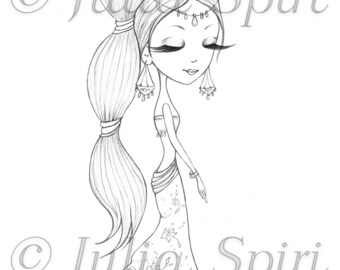 May include: A black and white line drawing of a woman with long hair, wearing a long dress with a floral pattern. She has a crown on her head and is looking down. The drawing is signed "Julia Spiri" at the bottom.