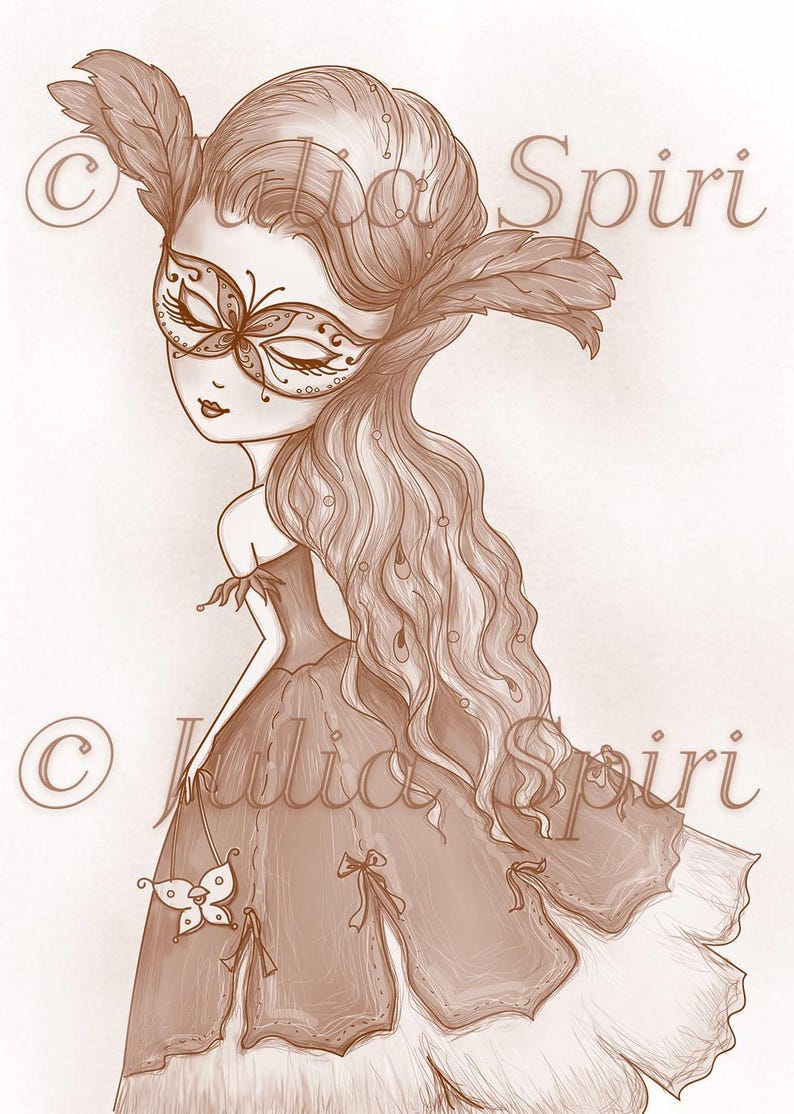May include: A sepia toned illustration of a woman wearing a masquerade mask with a butterfly design. She is wearing a long dress with a flowing skirt and a feather in her hair. The illustration is signed "Julia Spiri" in the bottom right corner.