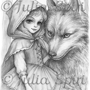 Coloriage en niveaux de gris, conte de fées. Le petit chaperon rouge et le loup