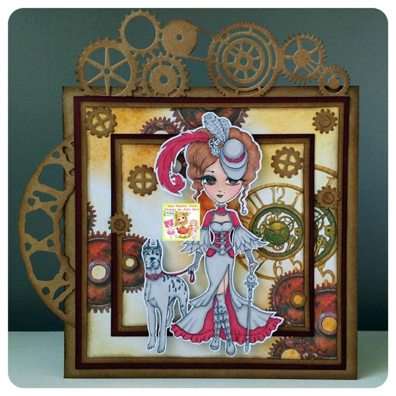May include: A steampunk-themed card with a woman in a red and white dress and a hat, holding a cane. She is standing next to a dog. The card is decorated with gears and other steampunk elements.