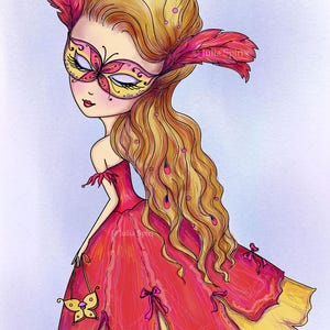 May include: A cartoon illustration of a woman with long blonde hair wearing a red dress and a butterfly mask. She is holding a small butterfly charm in her hand.