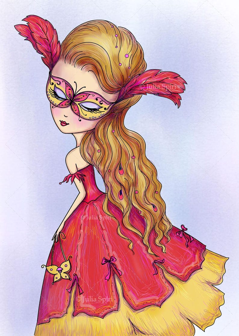 May include: A cartoon illustration of a woman with long blonde hair wearing a red dress and a butterfly mask. She is holding a small butterfly charm in her hand.