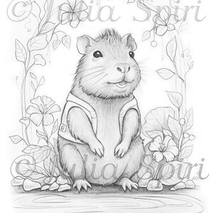 May include: A black and white pencil drawing of a small rodent wearing a vest, standing on a rock by a pond with flowers and leaves around it.