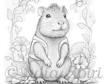 Grayscale Coloring Page, Whimsy, Fun Animal. Capybara Capy