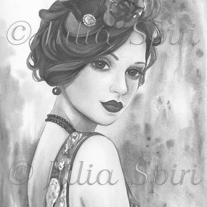 Grayscale Coloring Page, Girl Vintage with Hat, Brown hair, Sharm, Retro, Realistic portrait. Stella