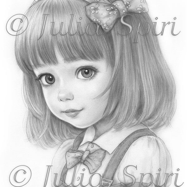 Grayscale Coloring Page, Cute Little Girl Portrait. Maisie