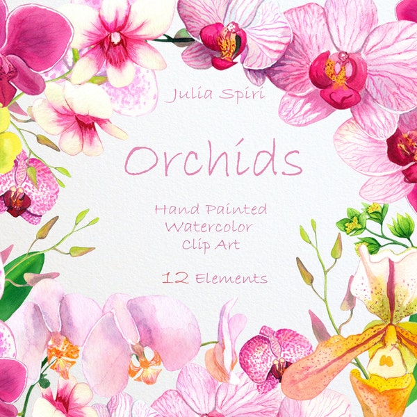 Clipart fleurs aquarelle, orchidées peintes à la main, clipart floral, fleurs aquarelles, faire-part, bricolage, fleurs de mariage, printemps. Orchidées