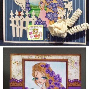 May include: A handmade card featuring a purple flower girl with long blonde hair. The card is decorated with a white picket fence, a white flower, and a white lace doily. The card is signed "Handmade by Kitty" and includes a website address.