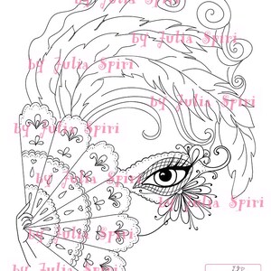 May include: Black and white line art illustration of a woman's eye with a decorative fan and feathers. The artwork is signed "by Julia Spiri" multiple times.