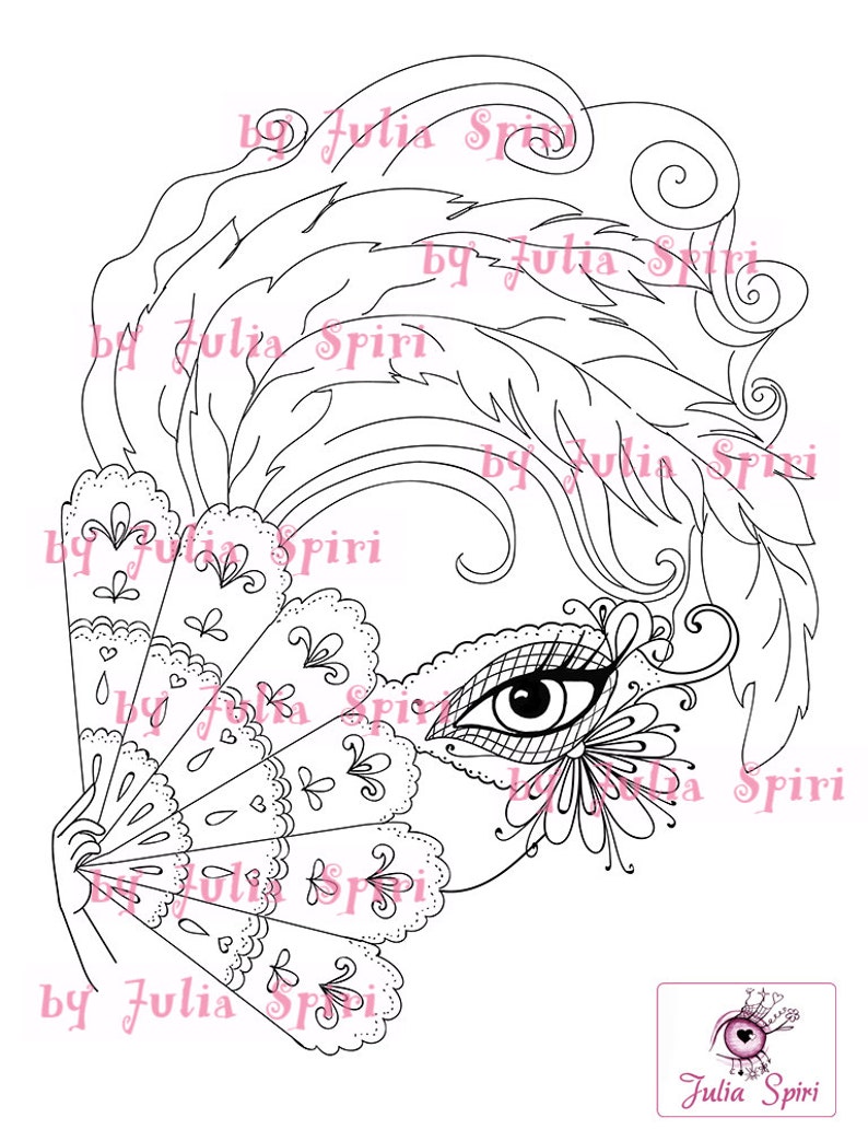 May include: Black and white line art illustration of a woman's eye with a decorative fan and feathers. The artwork is signed "by Julia Spiri" multiple times.