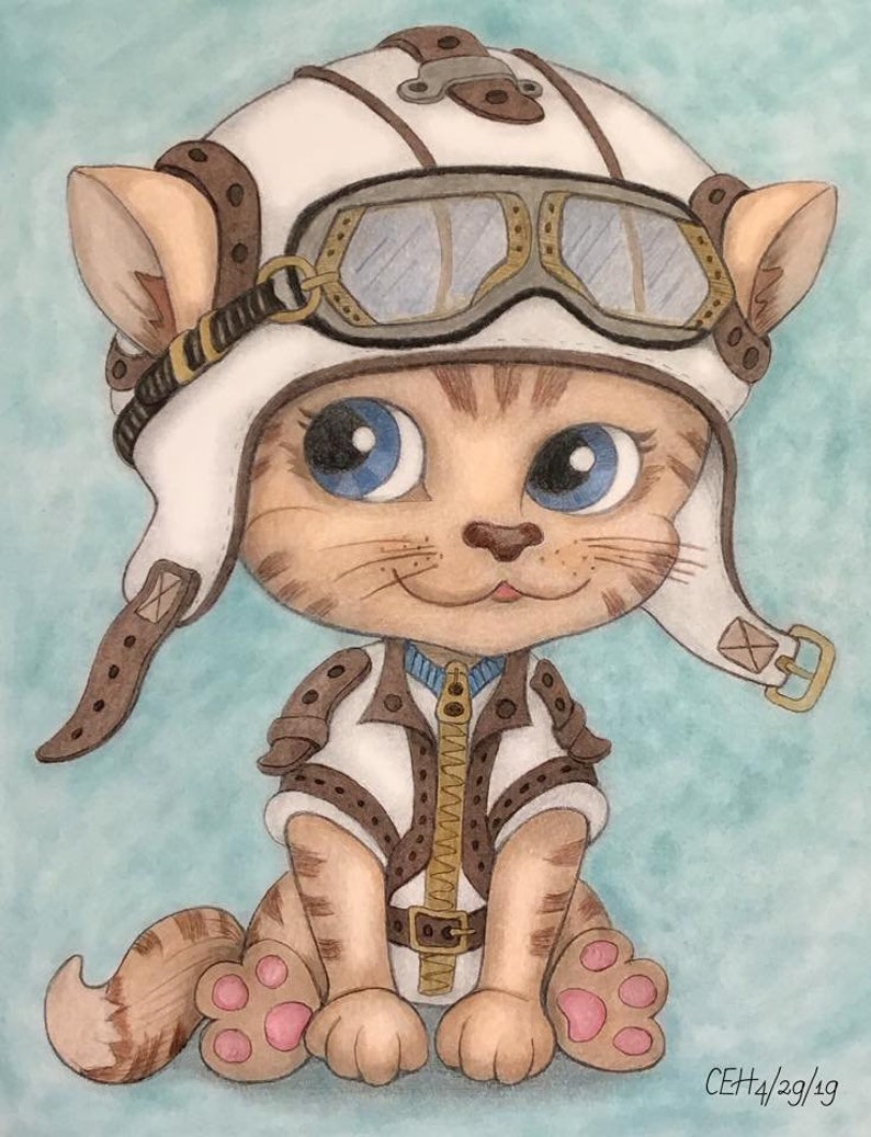 Steampunk Coloring Page, Digital stamp, Digi, Pet, Gears, Glasses, Mechanic, Metal, Iron, Helmet, Crafting, Fantasy, Whimsy. Aviator Cat image 5