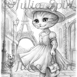 May include: Pencil sketch of a cat dressed in a dress and hat, walking down a cobblestone street in front of the Eiffel Tower. The cat is carrying a purse and a mouse is watching from the side. The image is signed "Julia Spiri".