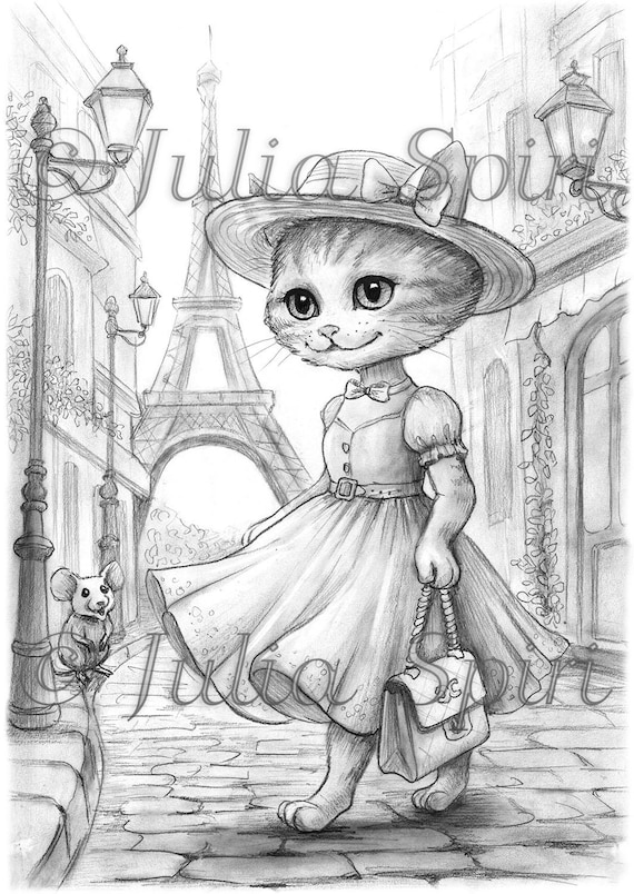 Grayscale Coloring Page, Whimsy Cat Strolling in Paris. Purrisian