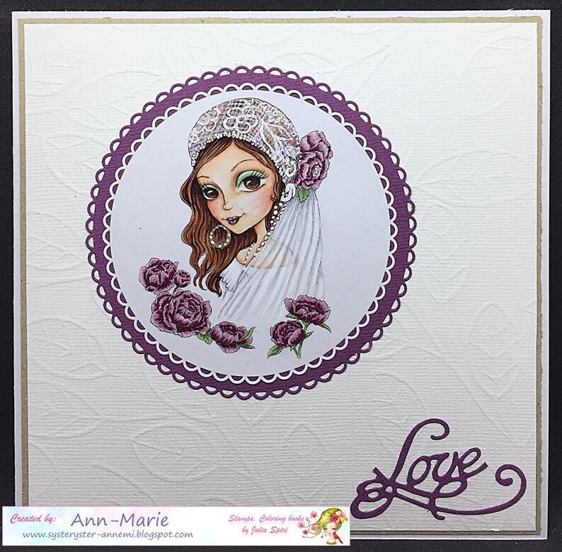 May include: A purple and white card with a circle in the centre. The circle contains a drawing of a woman with brown hair wearing a white veil and a lace hat. The woman is surrounded by pink flowers. The word "Love" is written in purple script in the bottom right corner of the card.