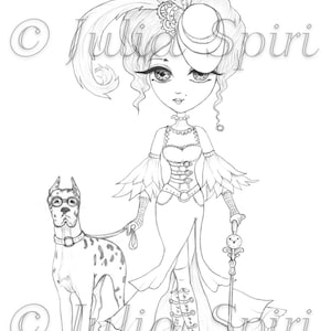 May include: A black and white line drawing of a person wearing a feathered hat, a corset-style dress with flared sleeves, and lace-up boots, holding a clock-topped cane and a leash attached to a spotted dog wearing round glasses, with Julia Spiri text.