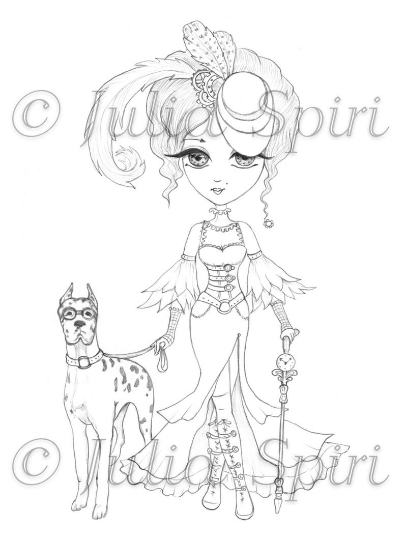 May include: A black and white line drawing of a person wearing a feathered hat, a corset-style dress with flared sleeves, and lace-up boots, holding a clock-topped cane and a leash attached to a spotted dog wearing round glasses, with Julia Spiri text.