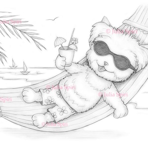 Summer Coloring Page, Digital stamp, Digi, Sea, Holiday, Ocean, Cocktail, Hammock, Relaxation, Fantasy, Crafting, Whimsy. Dog on the beach
