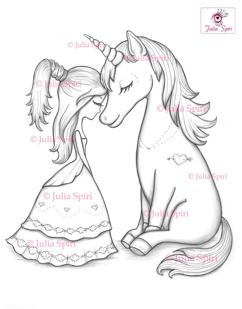 Kleurplaten Digitale Stempel Digi Unicorn Liefde Meisje Etsy
