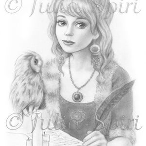 Coloring Page, Digital stamp, Digi, Girl, Realistic Portrait, Owl, Vintage, Medieval, Grayscale. Elisabeth
