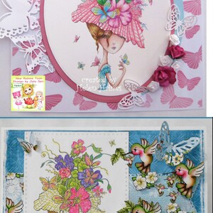 May include: Two handmade greeting cards featuring whimsical illustrations of women with floral hats. The first card has a pink and white color scheme with butterflies and the text "created by Helen Haines". The second card has a blue and white color scheme with hummingbirds and the text "open your heart to new beginnings".