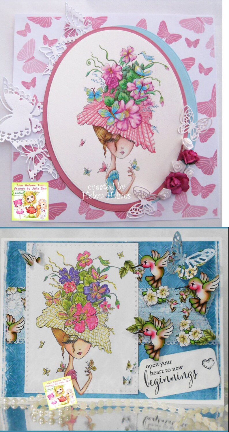 May include: Two handmade greeting cards featuring whimsical illustrations of women with floral hats. The first card has a pink and white color scheme with butterflies and the text "created by Helen Haines". The second card has a blue and white color scheme with hummingbirds and the text "open your heart to new beginnings".