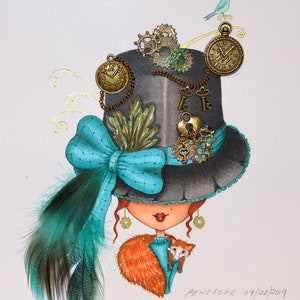 May include: A whimsical illustration of a woman wearing a black top hat with a teal blue bow, adorned with gears, keys, and pocket watches. She has red hair, red lips, and is holding a small orange fox.