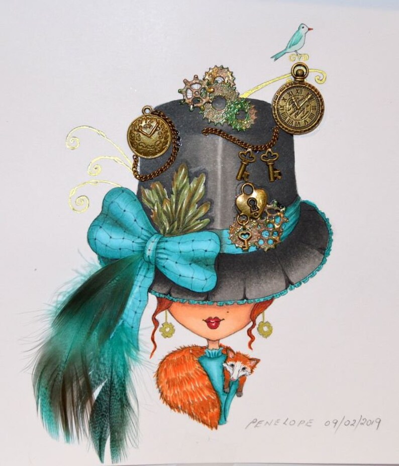 May include: A whimsical illustration of a woman wearing a black top hat with a teal blue bow, adorned with gears, keys, and pocket watches. She has red hair, red lips, and is holding a small orange fox.